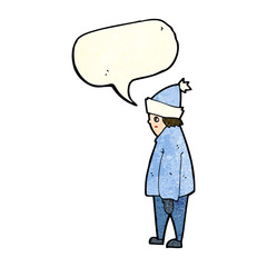 cartoon person in winter clothes with speech bubble