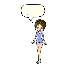 cartoon woman in short dress with speech bubble