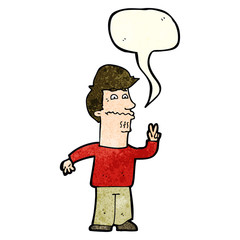 cartoon man giving peace sign with speech bubble
