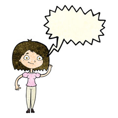cartoon woman waving with speech bubble