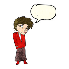 cartoon woman with hands in pockets with speech bubble
