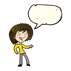 cartoon woman laughing and pointing with speech bubble