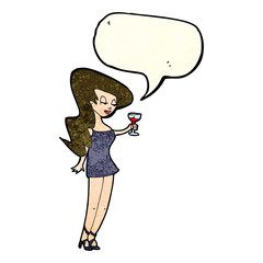 cartoon woman at party with speech bubble