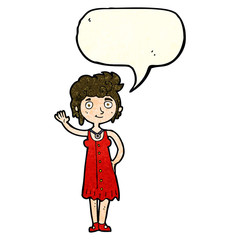 cartoon hippie woman waving with speech bubble