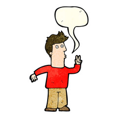 cartoon man giving peace sign with speech bubble