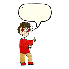 cartoon terrified boy with speech bubble