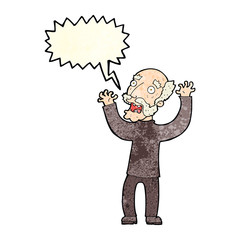 cartoon terrified old man with speech bubble