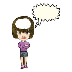 cartoon woman with folded arms imagining with speech bubble