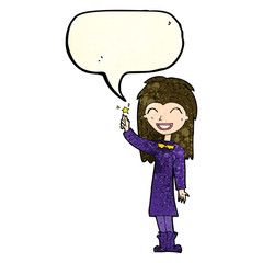 cartoon friendly witch girl with speech bubble