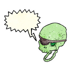 cartoon spooky skull with eye patch with speech bubble