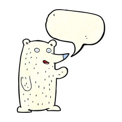 cartoon waving polar bear with speech bubble