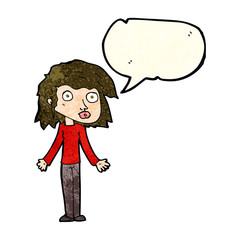 cartoon girl shrugging shoulders with speech bubble
