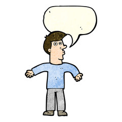 cartoon man shrugging shoulders with speech bubble