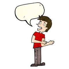 cartoon man making excuses with speech bubble