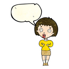 cartoon woman making Who Me? gesture with speech bubble