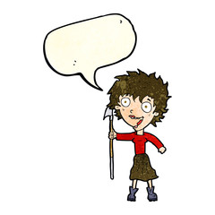 cartoon crazy woman with spear with speech bubble