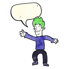 cartoon happy vampire man with speech bubble