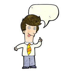 cartoon office man with crazy idea with speech bubble