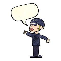 cartoon security guy with speech bubble