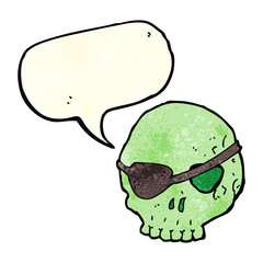 cartoon skull with eye patch with speech bubble