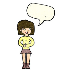 cartoon friendly woman with speech bubble