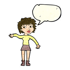 cartoon friendly woman waving with speech bubble