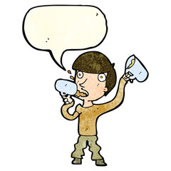 cartoon man drinking beer with speech bubble