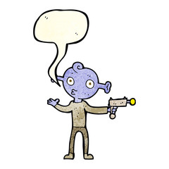 cartoon alien with ray gun with speech bubble