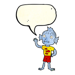cartoon waving fish boy with speech bubble