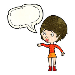 cartoon concerned woman reaching out with speech bubble