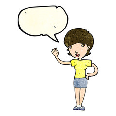 cartoon woman waving with speech bubble