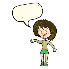 cartoon waving woman with speech bubble