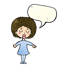 cartoon woman in dress with speech bubble