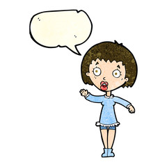 cartoon waving woman with speech bubble