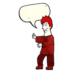 cartoon vampire waving hands with speech bubble