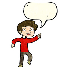 cartoon happy boy pointing with speech bubble