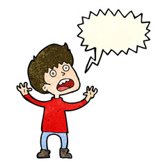 cartoon stressed boy with speech bubble