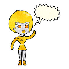 cartoon robot woman waving with speech bubble