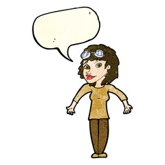 cartoon woman wearing goggles with speech bubble