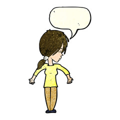 cartoon woman shrugging shoulders with speech bubble