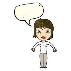 cartoon woman shrugging shoulders with speech bubble