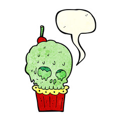 cartoon spooky skull cupcake with speech bubble
