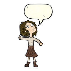 cartoon woman looking up to the sky with speech bubble