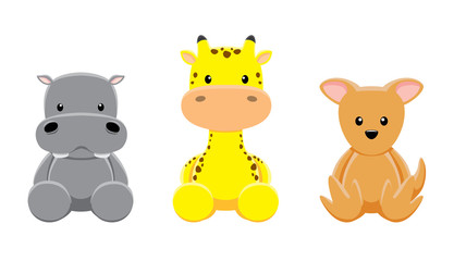 Hippotamus Giraffe Wallaby Doll Set Cartoon Vector Illustration