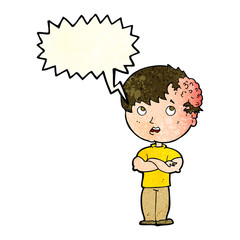 cartoon boy with growth on head with speech bubble