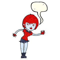 cartoon vampire girl welcoming with speech bubble