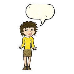 cartoon woman shrugging shoulders with speech bubble