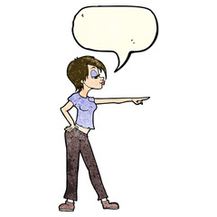 cartoon hip woman pointing with speech bubble