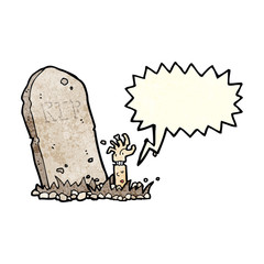 cartoon zombie rising from grave with speech bubble