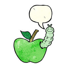 cartoon apple with bug with speech bubble